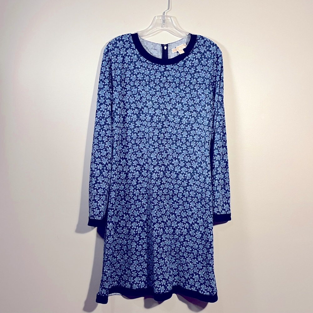 Michael Kors Long Sleeve Floral Casual Dress Blue Indigo Size Large